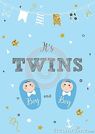It`s twins. Baby birth announcement card vector design Vector Illustration
